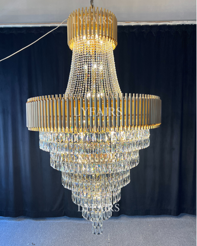 Extra Large Modern Multi-layers Gold/Black Light Luxury Crystal Chandelier For 2-Story Living Room,Foyer