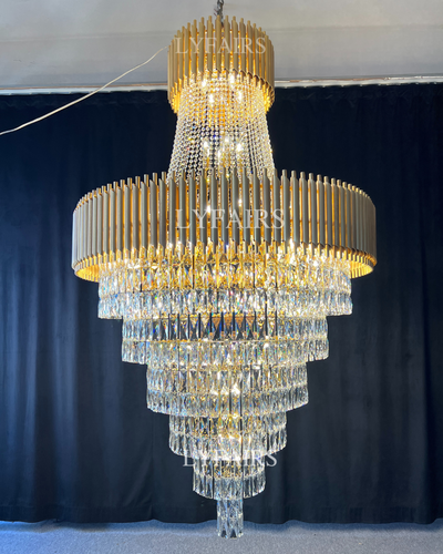 Extra Large Modern Multi-layers Gold/Black Light Luxury Crystal Chandelier For 2-Story Living Room,Foyer