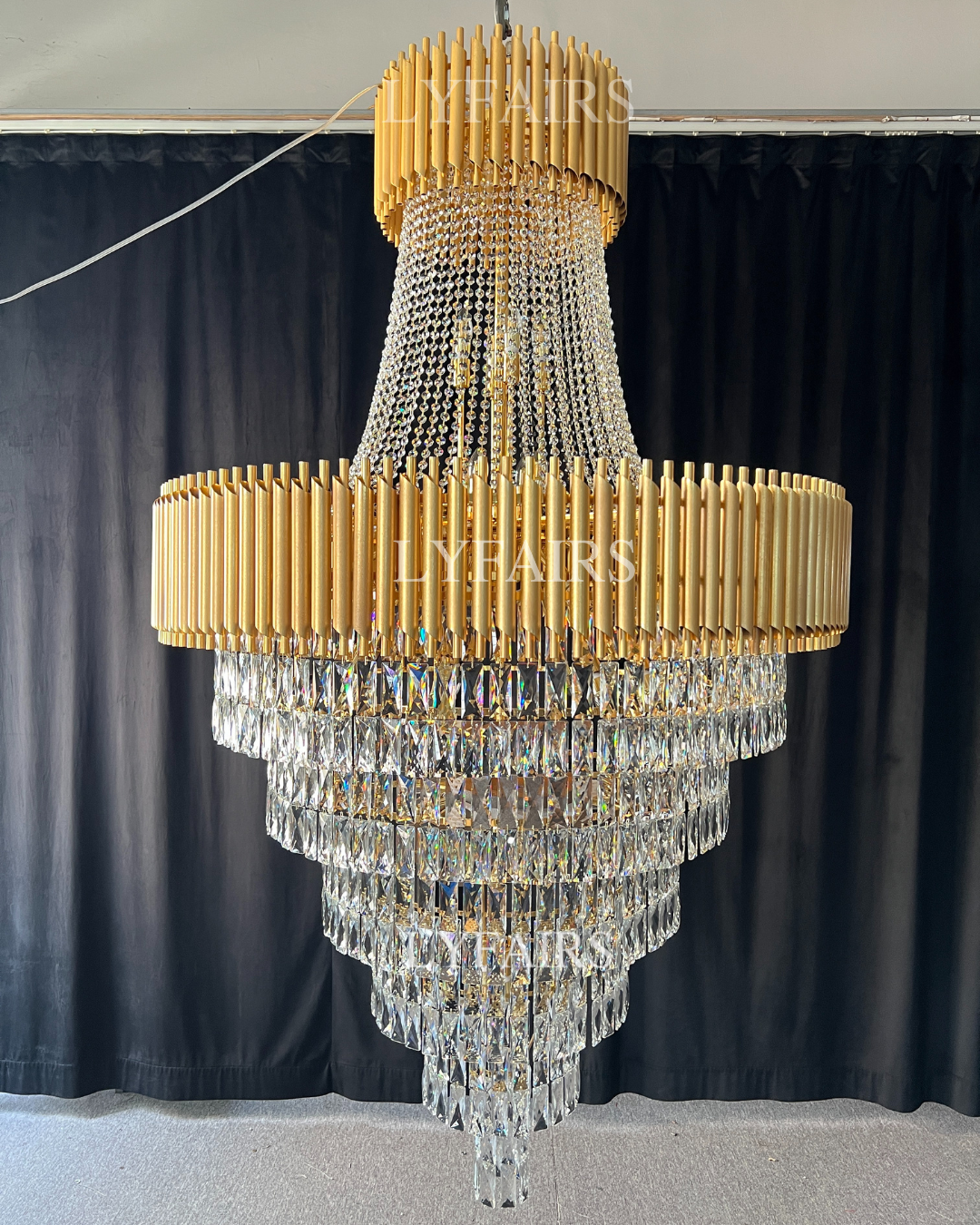 Extra Large Modern Multi-layers Gold/Black Light Luxury Crystal Chandelier For 2-Story Living Room,Foyer