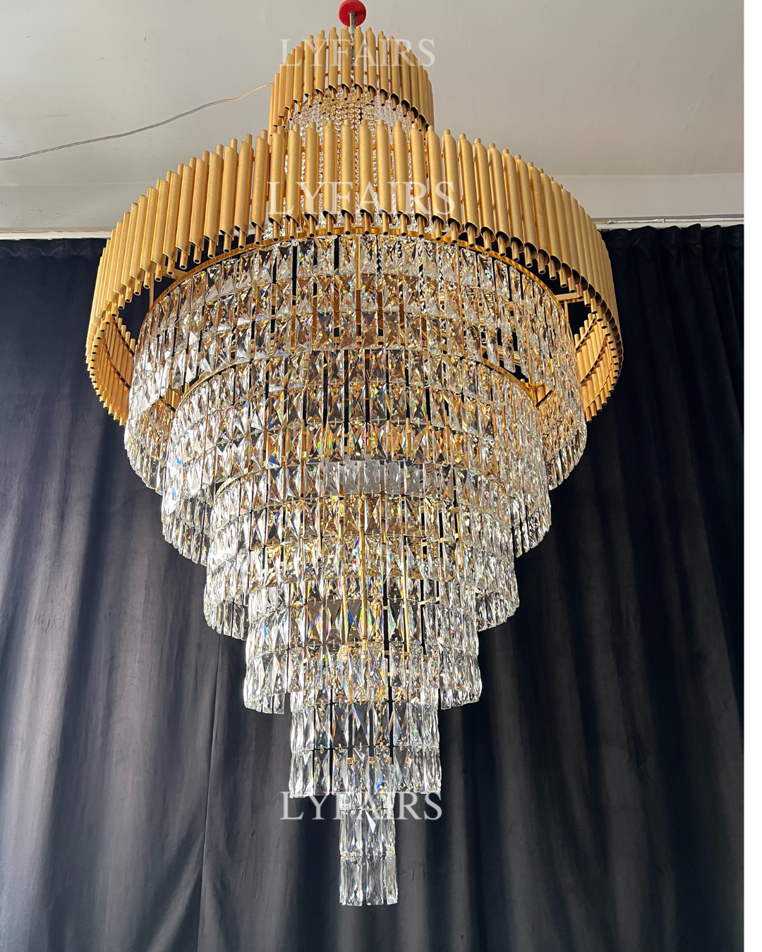 Extra Large Modern Multi-layers Gold/Black Light Luxury Crystal Chandelier For 2-Story Living Room,Foyer