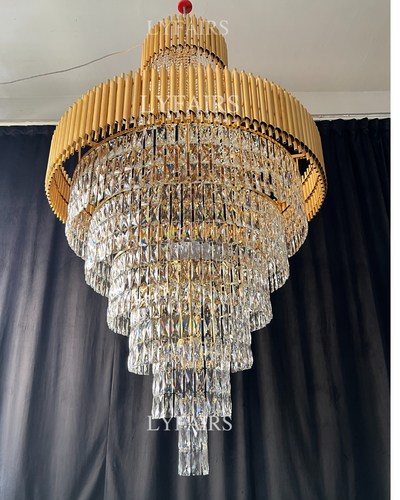 Extra Large Modern Multi-layers Gold/Black Light Luxury Crystal Chandelier For 2-Story Living Room,Foyer