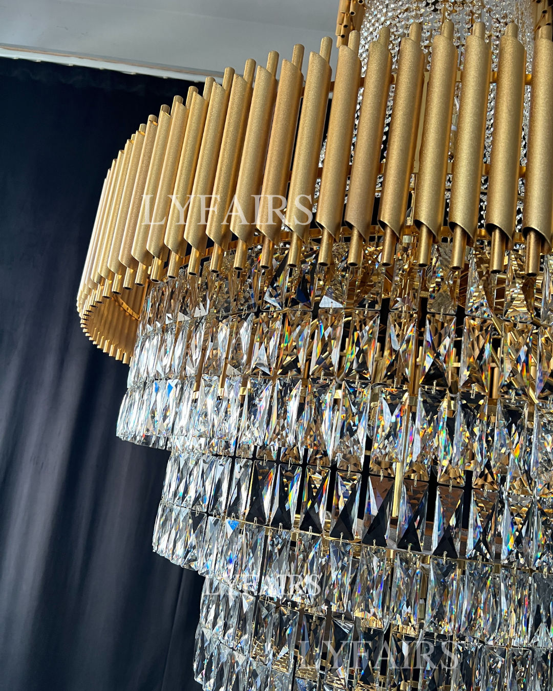 Extra Large Modern Multi-layers Gold/Black Light Luxury Crystal Chandelier For 2-Story Living Room,Foyer