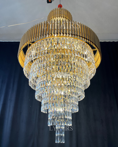 Extra Large Modern Multi-layers Gold/Black Light Luxury Crystal Chandelier For 2-Story Living Room,Foyer