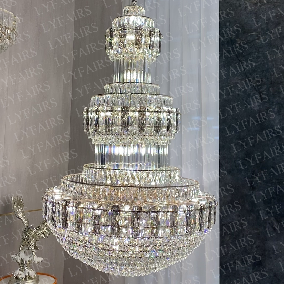 Golden Era Grand Cascade Fountain Smoky Gray&Clear Crystal Chandelier for High-ceiling
