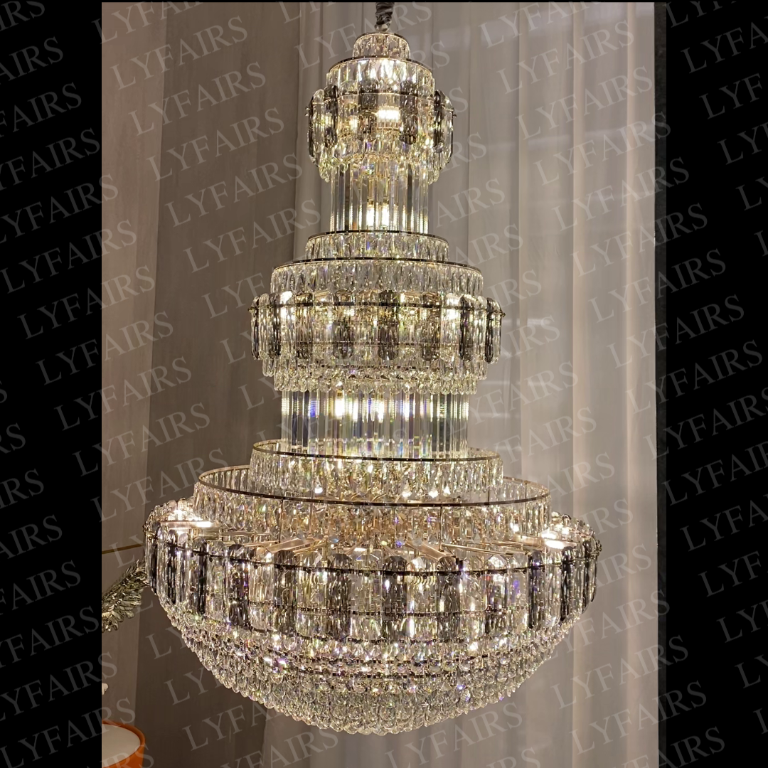 Golden Era Grand Cascade Fountain Smoky Gray&Clear Crystal Chandelier for High-ceiling